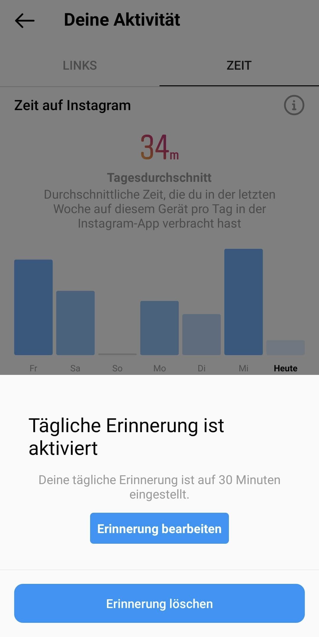 Screenshot von Instagram, wo man einen Timer stellen kann