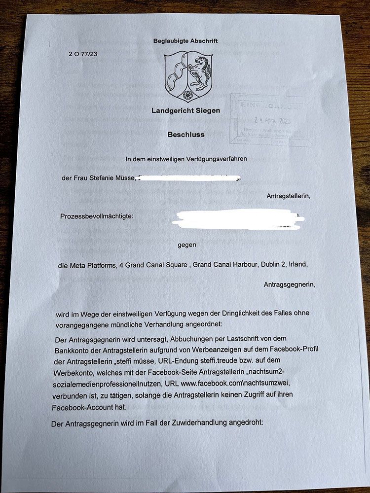Bild der einstweiligen Verfügung des Landgerichts Siegen: Frau Stefanie Müsse gegen Meta Platforms