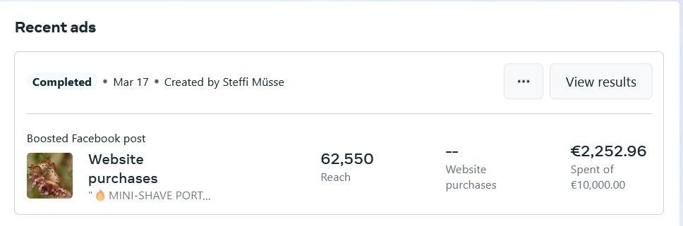 Screenshot aus dem Werbeanzeigenmanager, bei dem die Anzeige zu sehen ist, die insgesamt 2.252,96 Euro gekostet hätte