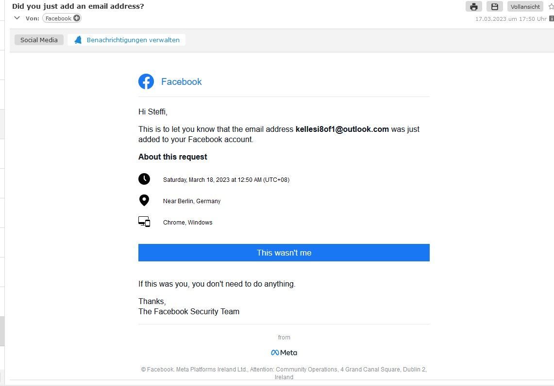 Screenshot einer E-Mail von Facebook mit dem Hinweis, dass meine E-Mail-Adresse geändert wurde