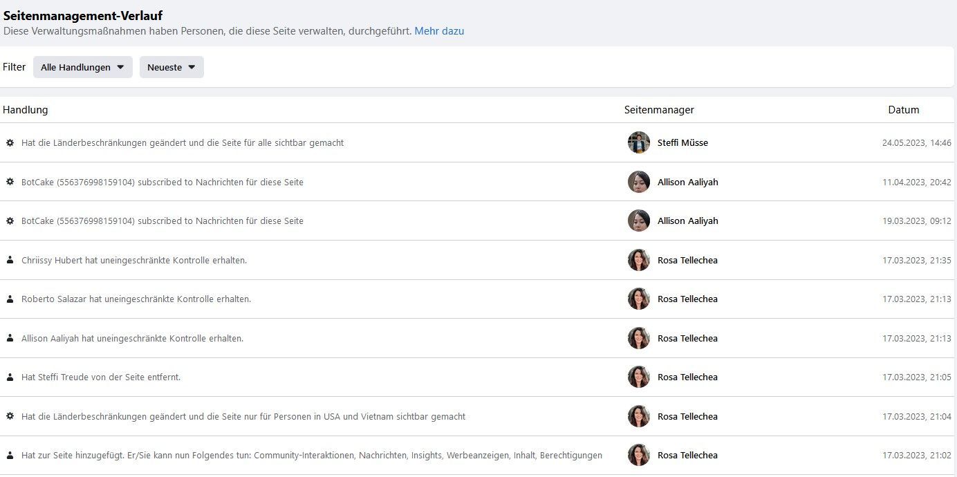 Screenshot des Seitenmanagement-Verlaufs bei Facebook, auf dem man sieht, dass merkwürdige Fake-Accounts die Seite bearbeitet haben