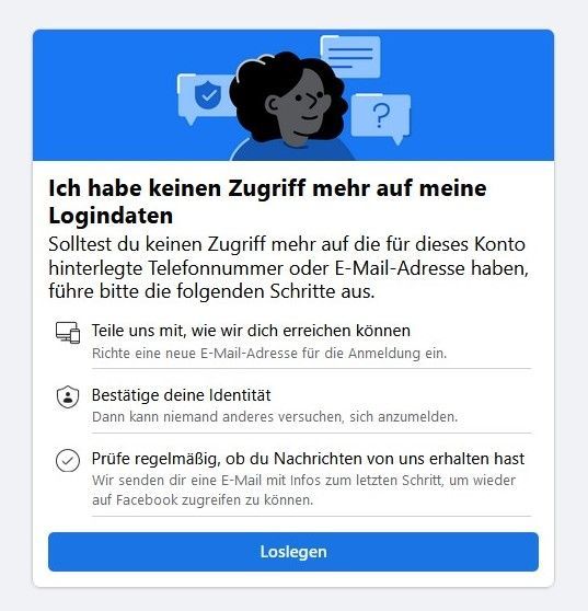 Screenshot von Facebook-Bildschirm zur Verifizierung mit dem Button
