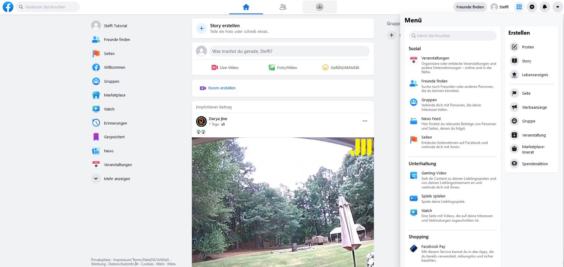 Facebook-Seite erstellen: Screenshot Startseite mit Menü