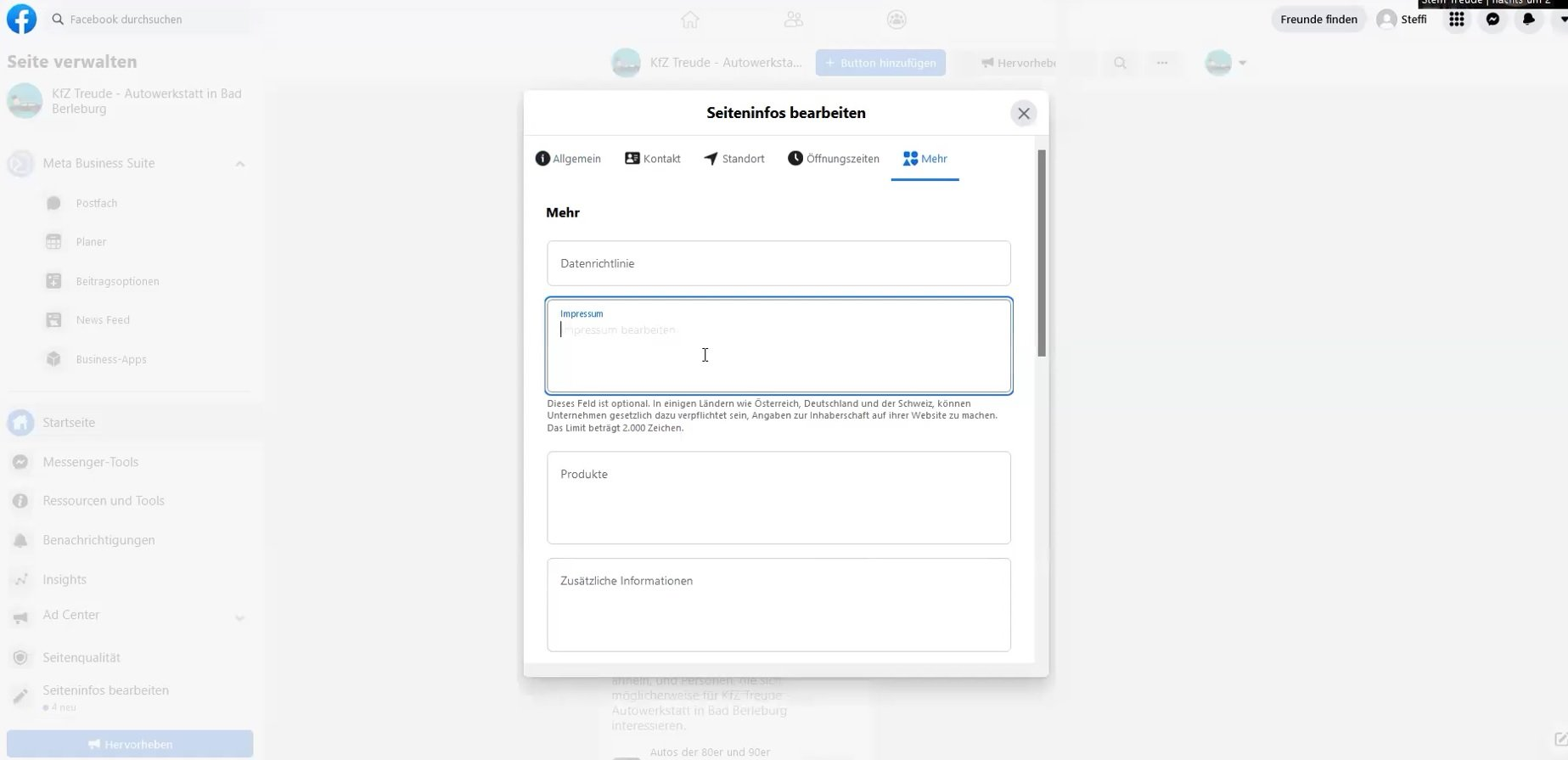 Facebook-Seite erstellen: Datenschutz und Impressum