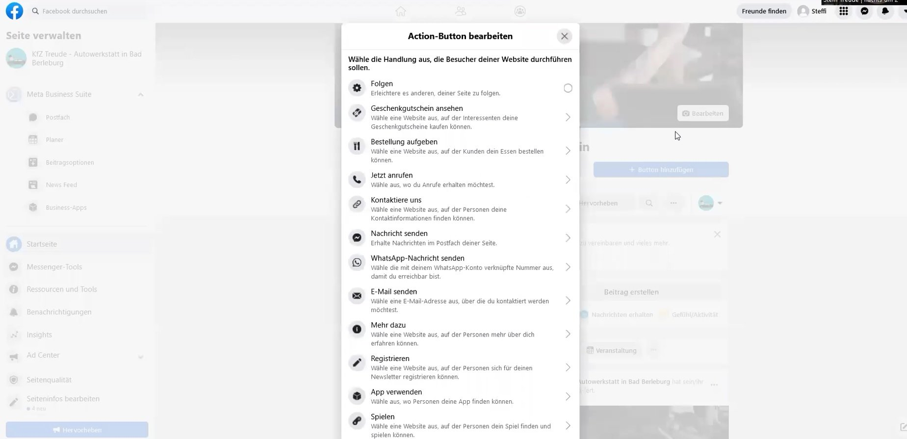 Facebook-Seite erstellen: Action-Button bearbeiten