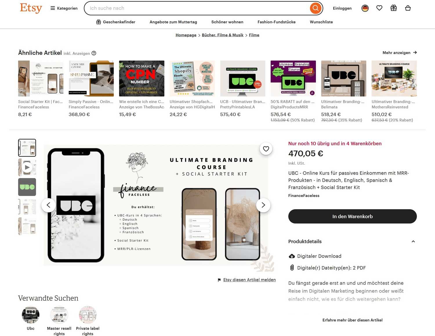 Was ist Faceless Marketing? Screenshot von Etsy, auf dem zahlreiche Online-Kurse zum Thema Faceless Marketing zu sehen sind.