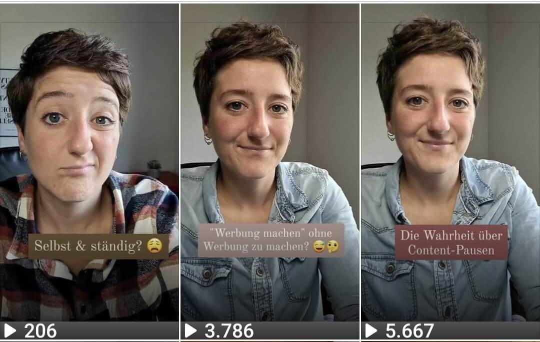 Screenshot von Reels bei Facebook: Hier sieht man, dass immerhin zwei von drei Reels noch vierstellige Reichweiten bekommen haben.