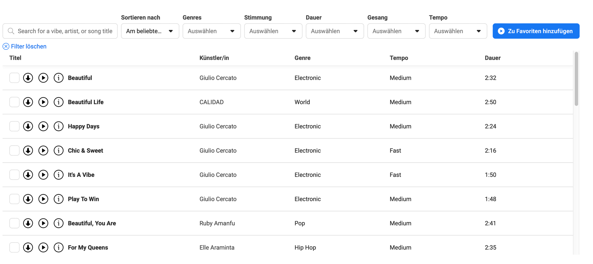 Hier siehst du alle Titel der Meta Sound Collection, die nach Beliebtheit sortiert sind.
