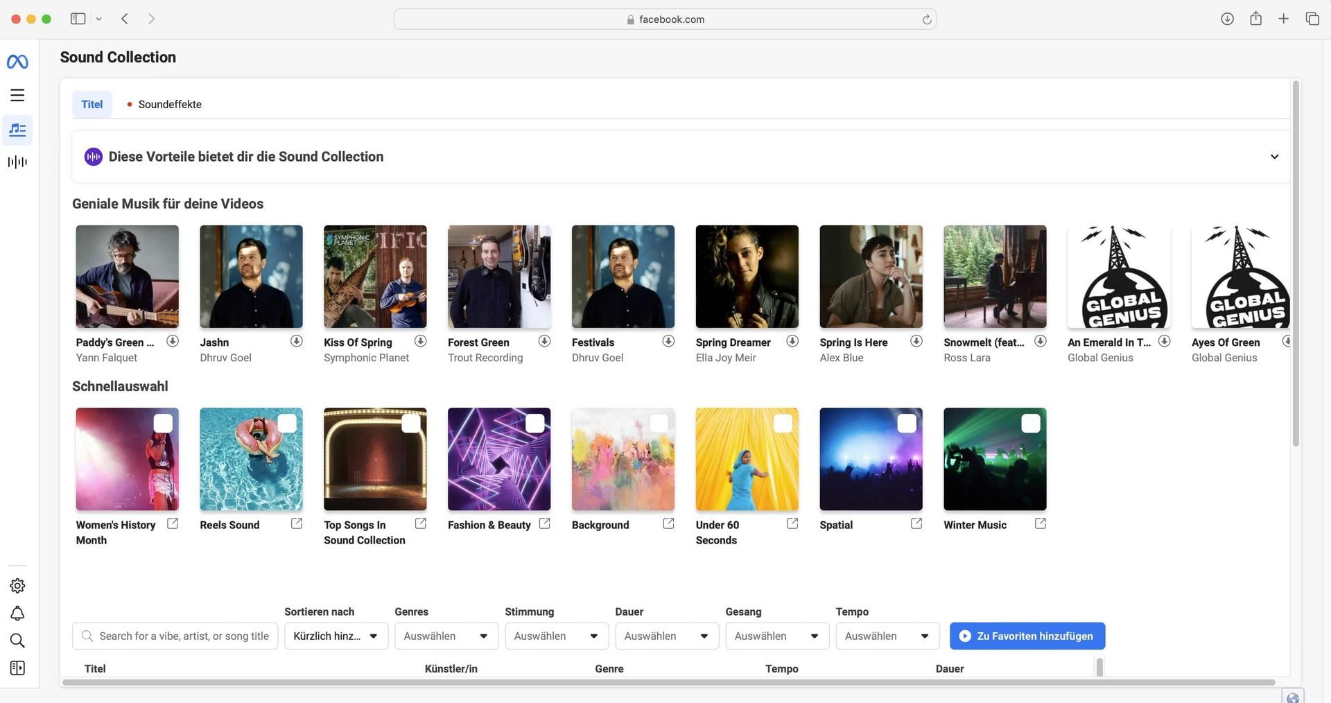 lizenzfreie Musik für Instagram findest du in der Meta Sound Collection (Screenshot)