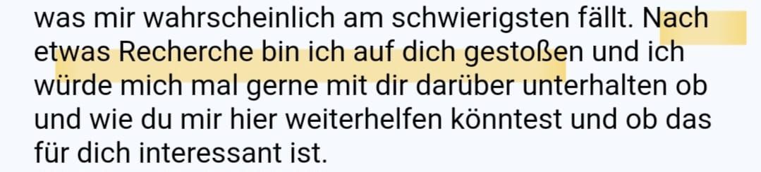Screenshot einer Nachricht von jemandem, der nach seiner Google-Recherche auf Steffis Website gestoßen ist und konkret für Unterstützung anfragt.