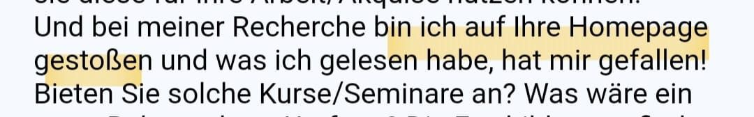 Screenshot einer Nachricht einer Kundin, die durch ihre Google-Recherche auf Steffis Website gestoßen ist und nach einem Seminar fragt.
