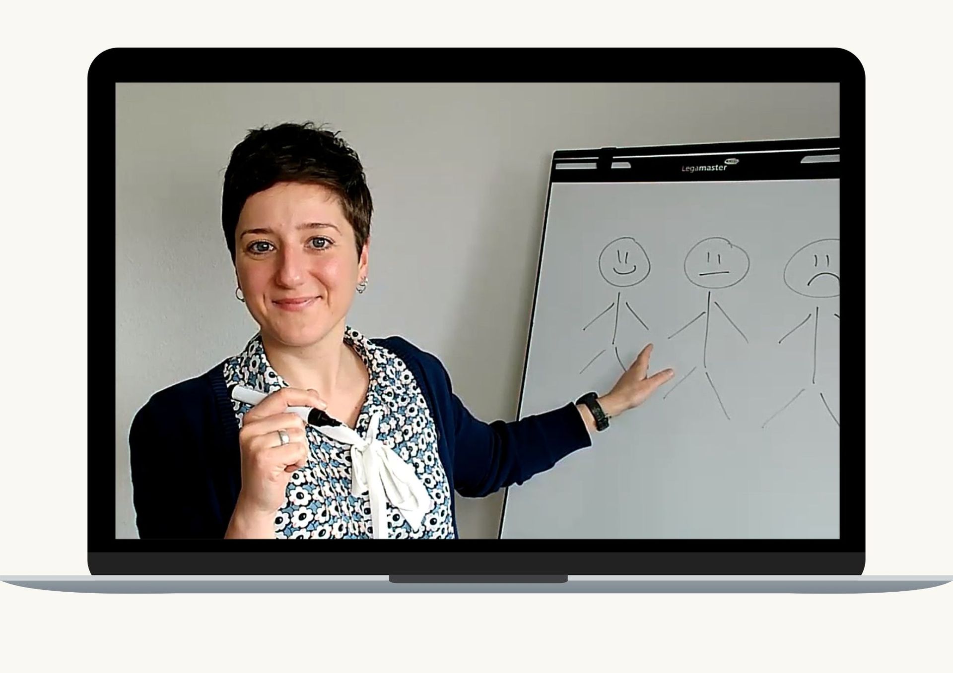 Steffi Müsse auf einem Laptop-Bildschirm, erklärt etwas an einer Flipchart