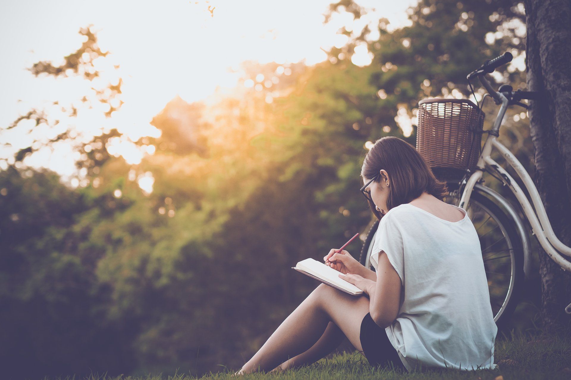 Person sitting outside writing a book