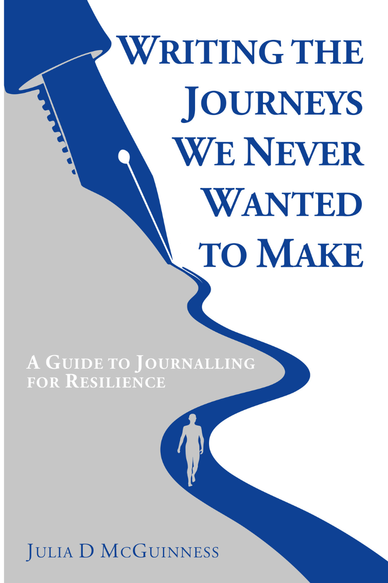 Picture of Writing The Journeys We Never Wanted to Make book cover with an image of small person standing on winding road leading into the distance, made from the ink of a pen at the top of the page.