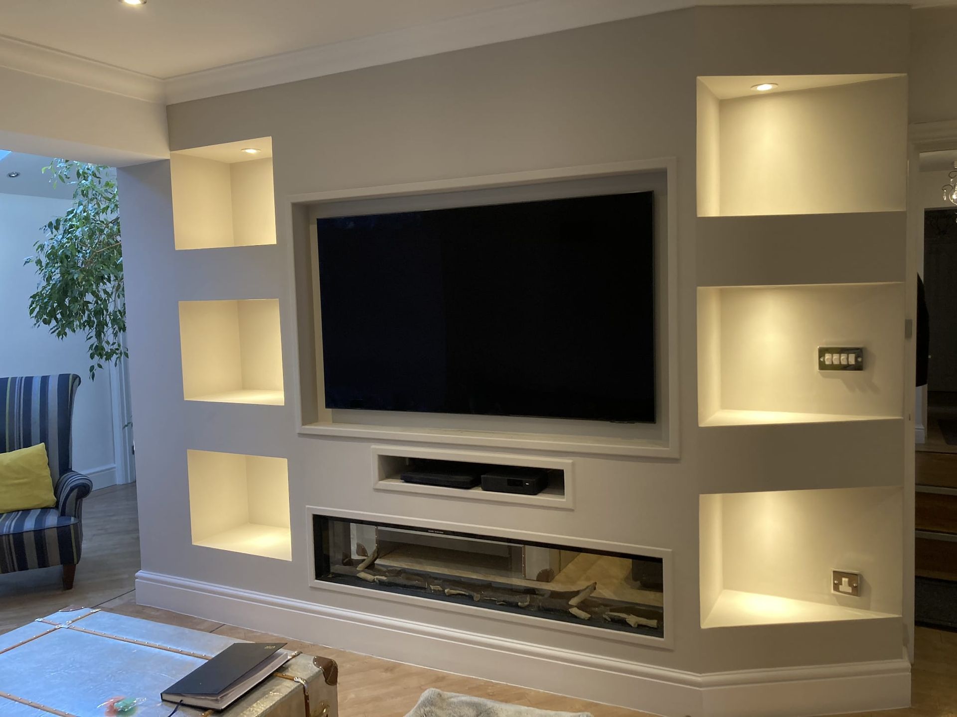 Media wall with TV and electric fire
