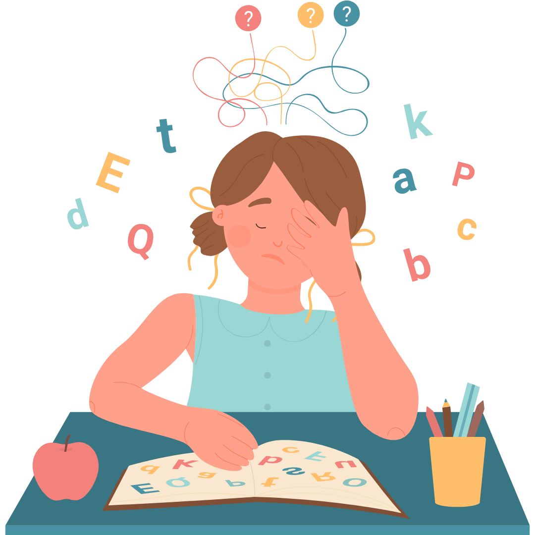 Illustration d'une jeune fille confrontée à des lettres flottantes, symbolisant les difficultés des jeunes avec des troubles DYS.