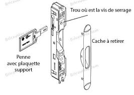 schéma d'une serrure de baie vitrée coulissante en vue éclaté montrant toutes ses pièces.