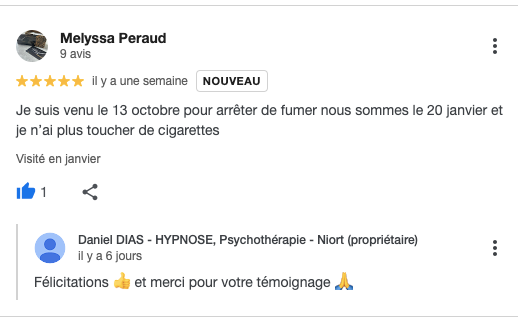 Je suis venu le 13 octobre pour arrêter de fumer nous sommes le 20 janvier et je n’ai plus toucher de cigarettes