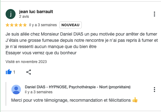 Je suis allée chez Monsieur Daniel DIAS un peu motivée pour arrêter de fumer
J'étais une grosse fumeuse depuis notre rencontre je n'ai pas repris à fumer et je n'ai ressenti aucun manque que du bien être
Essayer vous verrez que du bonheur