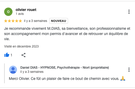 Je recommande vivement M.DIAS, sa bienveillance, son professionnalisme et son accompagnement mon permis d'avancer et de retrouver un équilibre de vie.