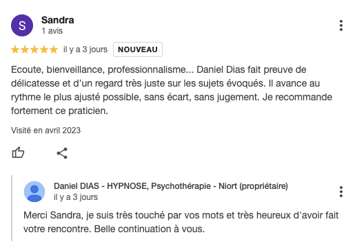 Ecoute, bienveillance, professionnalisme... Daniel Dias fait preuve de délicatesse et d'un regard très juste sur les sujets évoqués. Il avance au rythme le plus ajusté possible, sans écart, sans jugement. Je recommande fortement ce praticien.