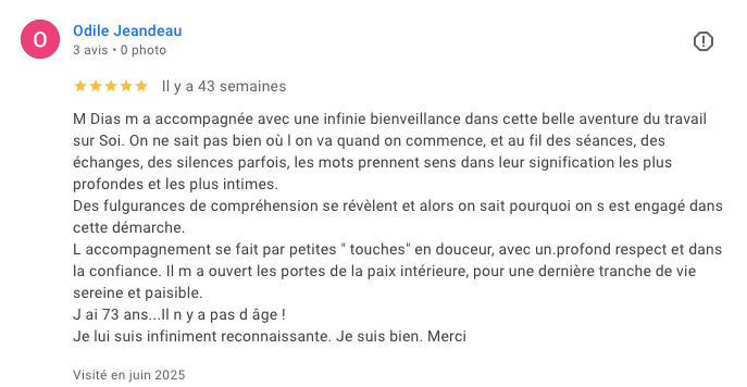 Témoignage d'Odile pour le Cabinet de Daniel Dias - Hypnose & Psychothérapie à Niort Témoignage d'Odile pour le Cabinet de Daniel Dias - Hypnose & Psychothérapie à Niort