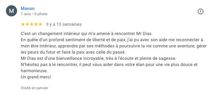 Témoignage de Manon pour le Cabinet de Daniel Dias - Hypnose & Psychothérapie à Niort Témoignage de Manon pour le Cabinet de Daniel Dias - Hypnose & Psychothérapie à Niort