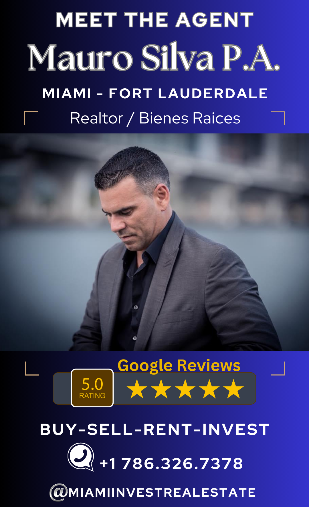 Trusted by Buyers, Sellers & Renters in Miami Screenshot of Mauro Silva’s 5-star Google Reviews page showcasing client testimonials for real estate services in Miami, Florida.