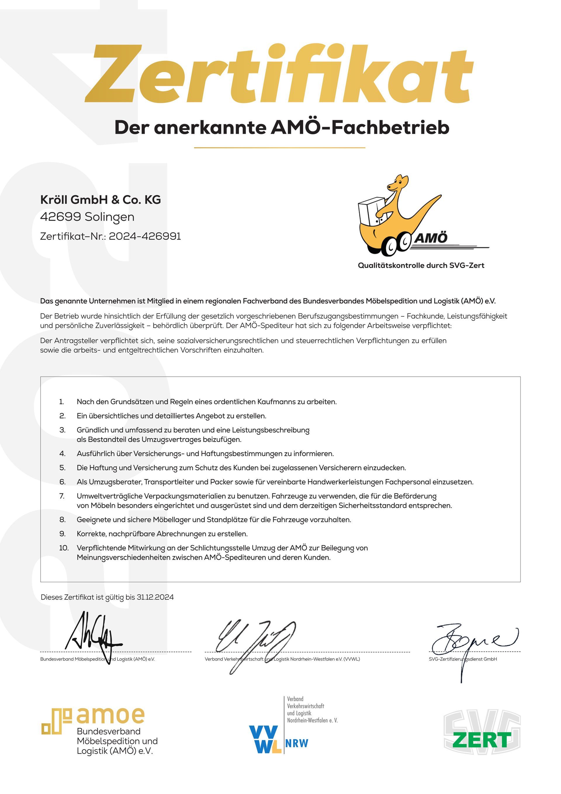 Zertifikat AMÖ Umzüge Kröll Zertifikat AMÖ Umzüge Kröll