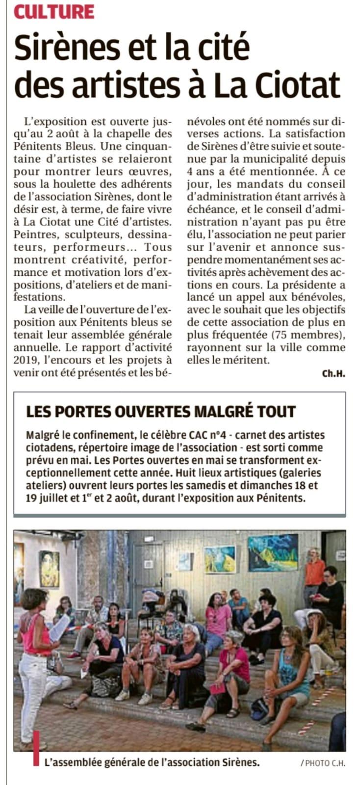 Extrait de presse Exposition Collective des Artistes Sirenes à La Chapelle des Penitents Bleus, La Ciotat