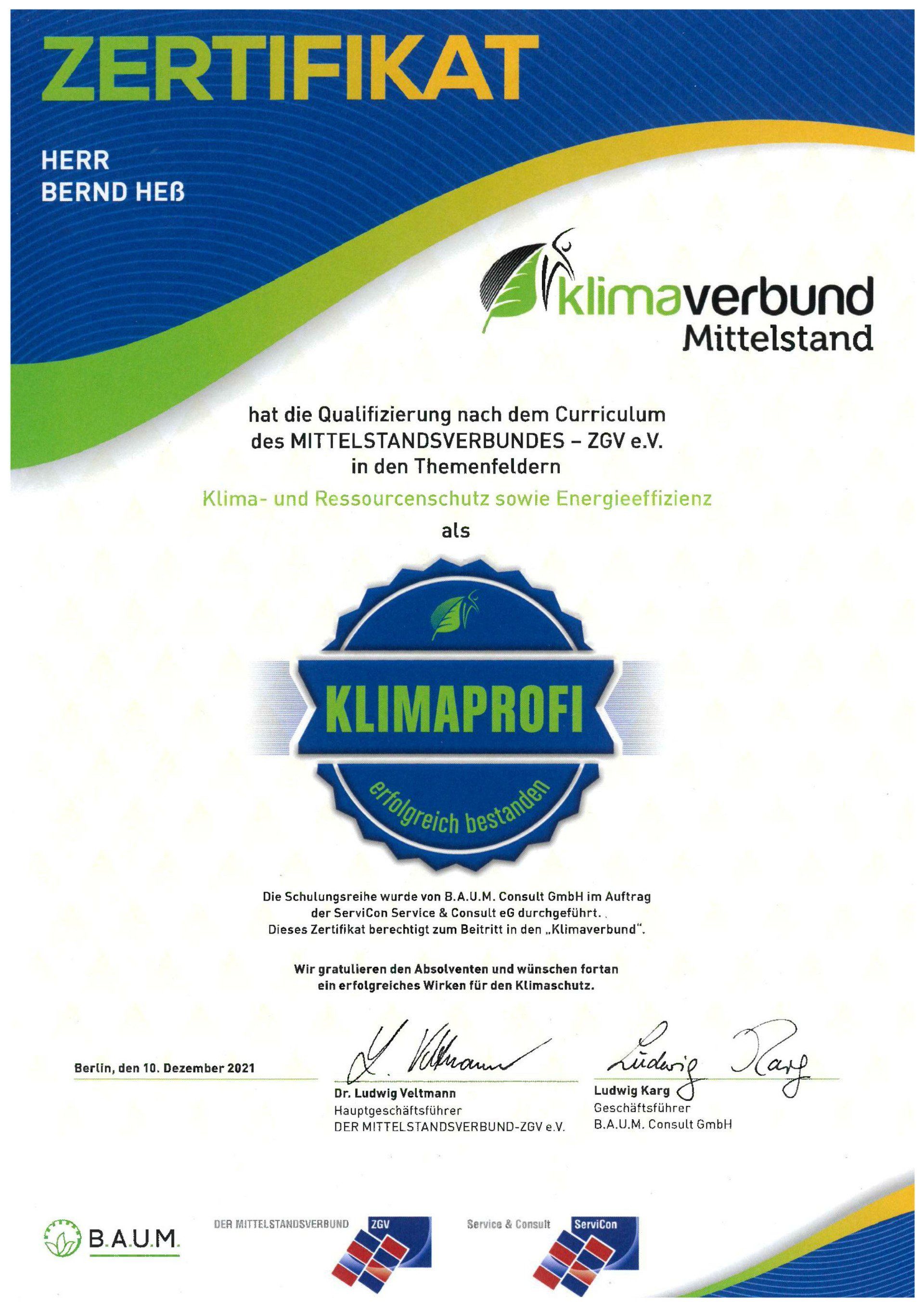 Logo Licht, Bernd Heß, Zertifikat, Auszeichnung, Klimaverbund, Klimaschutz, Energieeffizienz, Mittelstand
