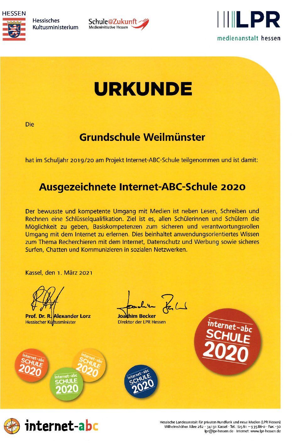 Urkunde der Auszeichnung zur Internet-ABC-Schule 2020