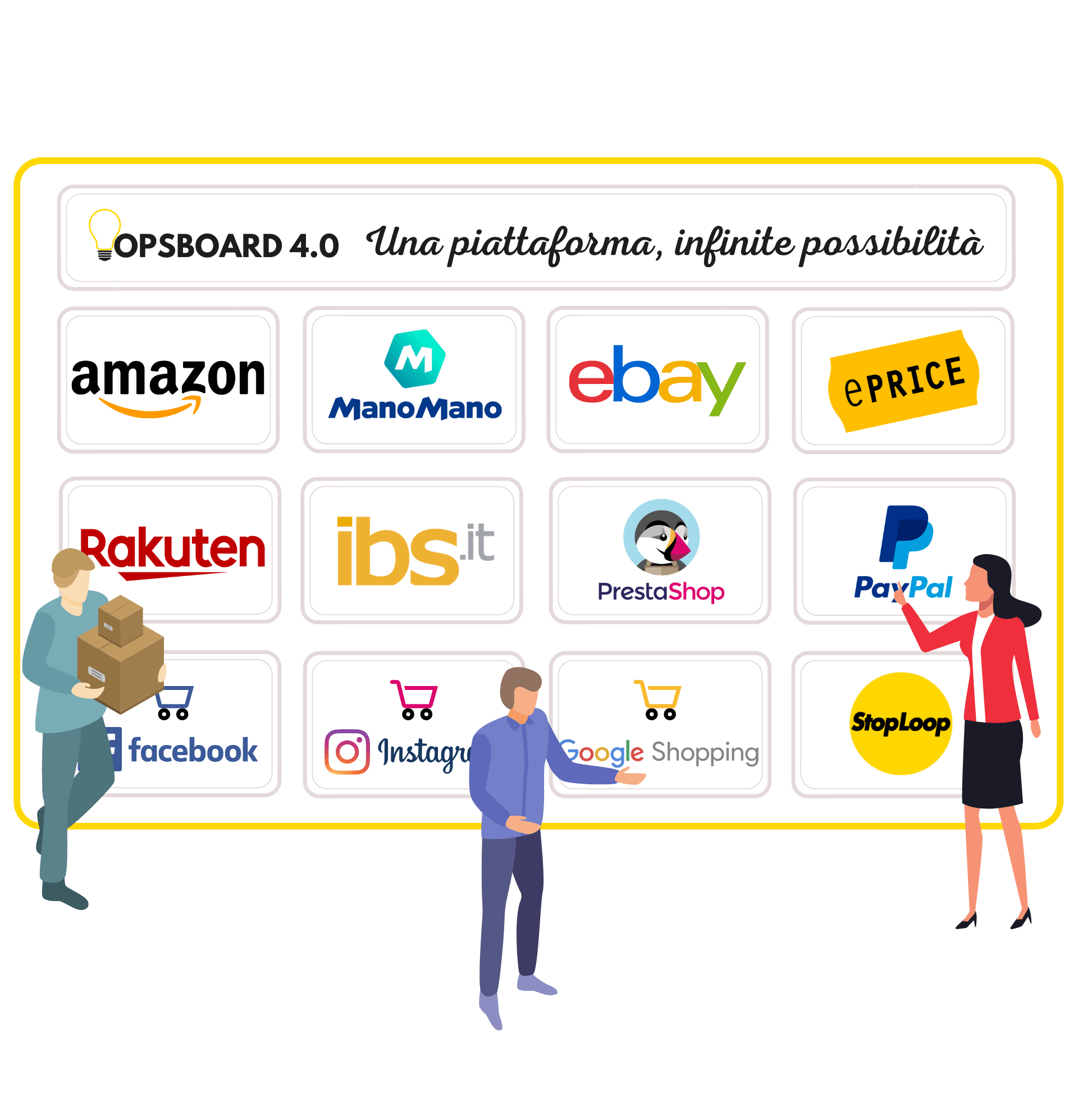 Opsboard 4.0 è stato sviluppato per soddisfare le esigenze dei rivenditori a 360°, dal negozio fisico al market online. Opsboard... Mettiamo in campo la nostra esperienza e professionalità in ambito di web design e grafica digitale per garantire eCommerce intuitivi,... Grazie agli eCommerce da noi gestiti ed all'integrazione dei principali dropshipper italiani ed esteri, siamo in grado di soddisfare qualsiasi... Porta il tuo shop sui marketplace più importanti per incrementare il tuo fatturato.Accanto ai comparatori di prezzo i marketplace come... La nostra piattaforma di eCcommerce con oltre 100.000 articoli disponibili è in grado di soddisfare la maggior parte delle richieste... Incrementa il tuo Business con Opsboard 4.0