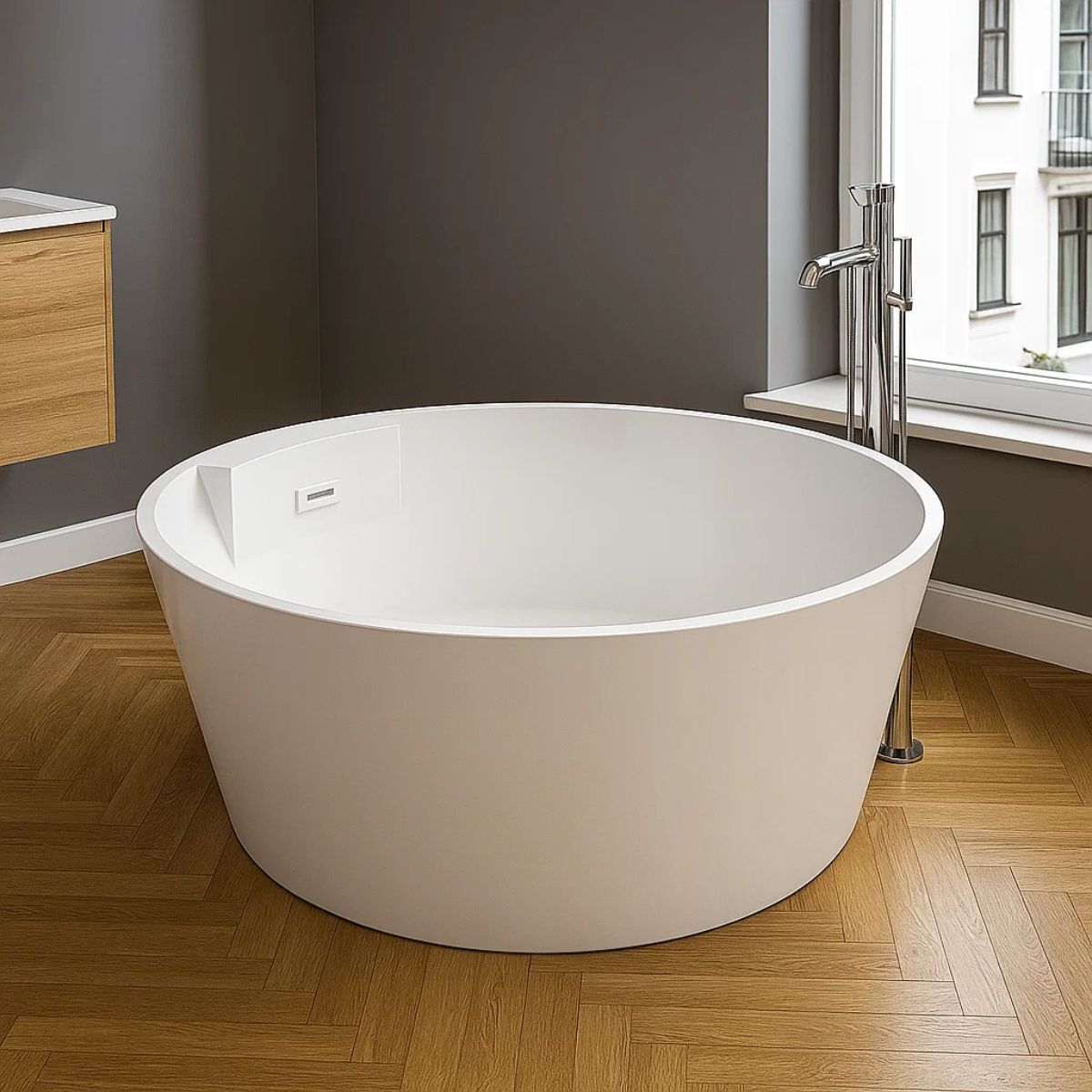 Vasca free standing Ibiza con forma tonda Struttura in Acrilico colore Bianco Lucido ideale per un tocco di design nel vostro ambiente bagno