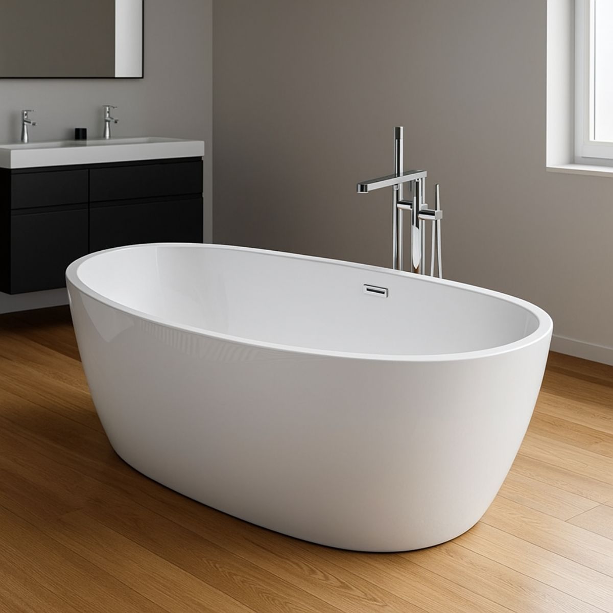 Vasca free standing Zanzibar con forma tondeggiante Struttura in Acrilico colore Bianco Lucido
ideale per un tocco di design nel vostro ambiente bagno