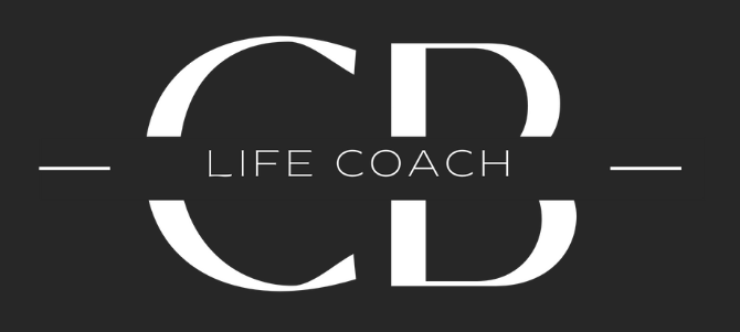 A logo featuring large, stylized white initials 'CB' with the text 'LIFE COACH' centered below, flanked by horizontal lines on a dark background.