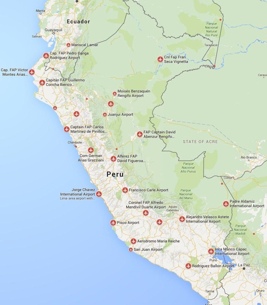 mapa de Perú con los aeropuertos