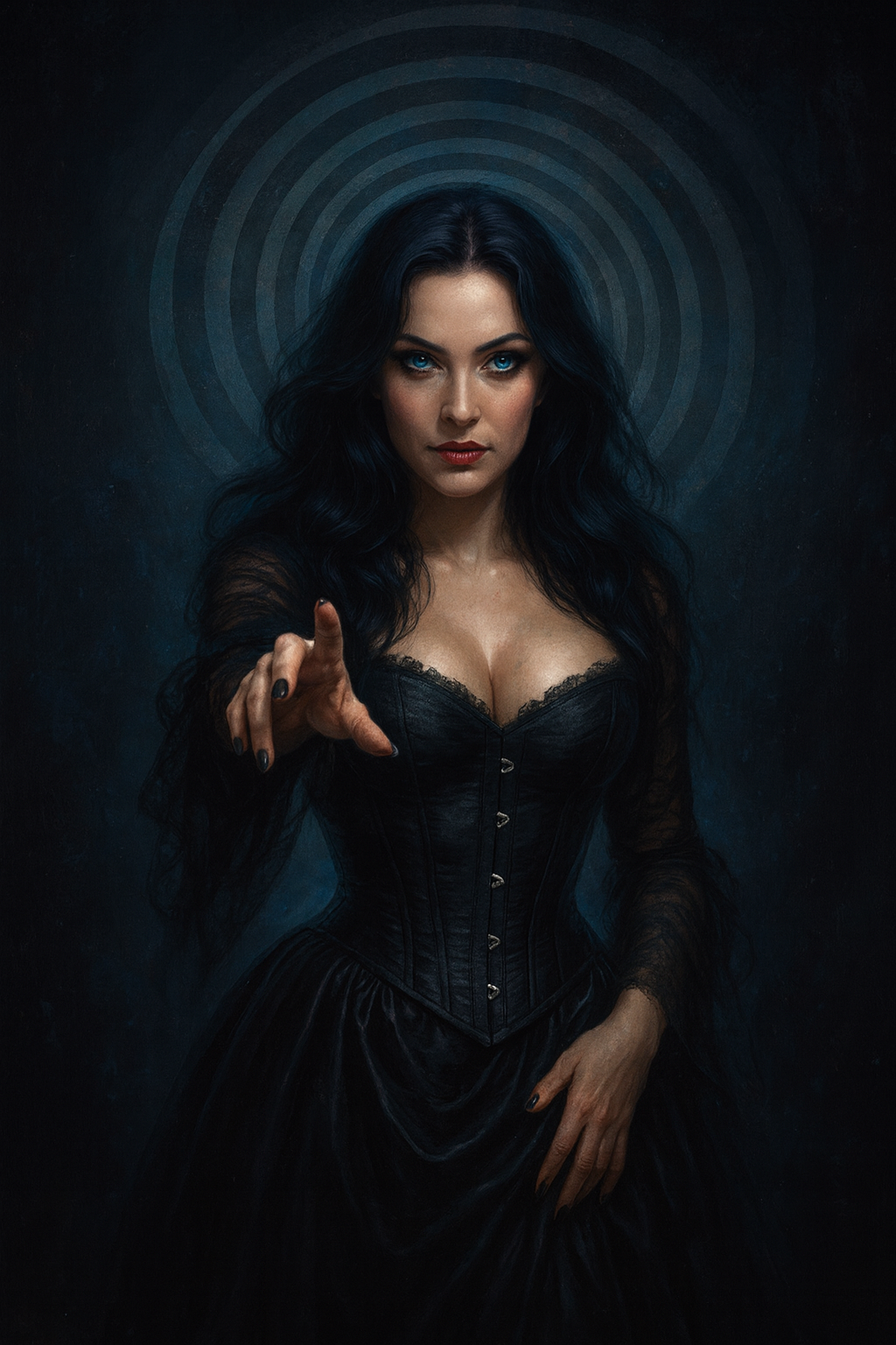 Frau mit langen dunklen Haaren und einem knappen Oberteil, das so gerade ihre Brüste bedeckt