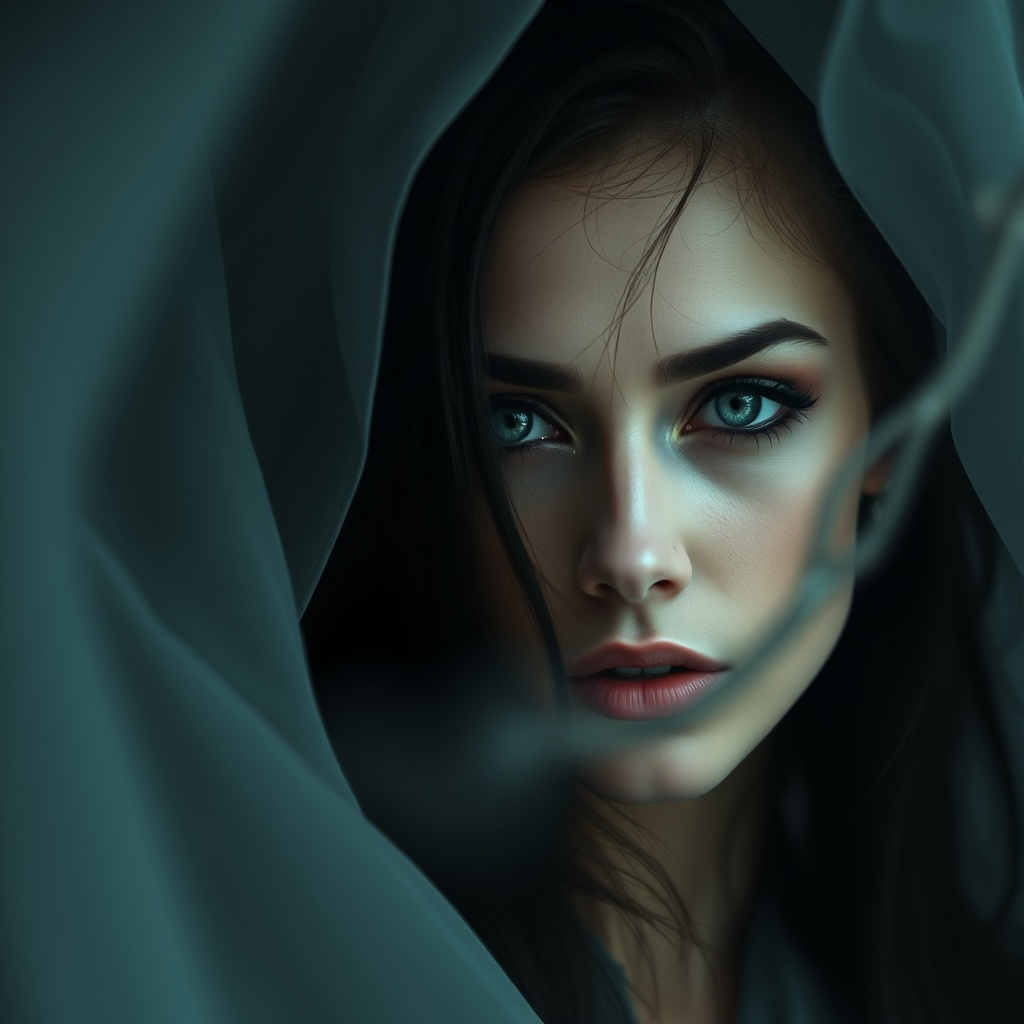 Mystisch, sinnliche Frau mit hypnotischen Augen, die von einem sanften Schleier umhüllt ist.