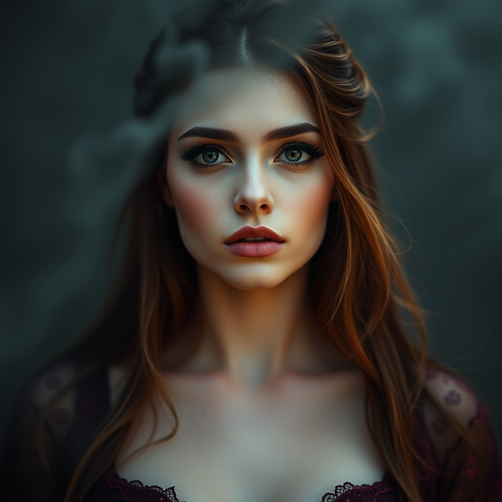 Sinnliche Frau mit langen, rötlich braunen Haaren und hypnotischen Augen.