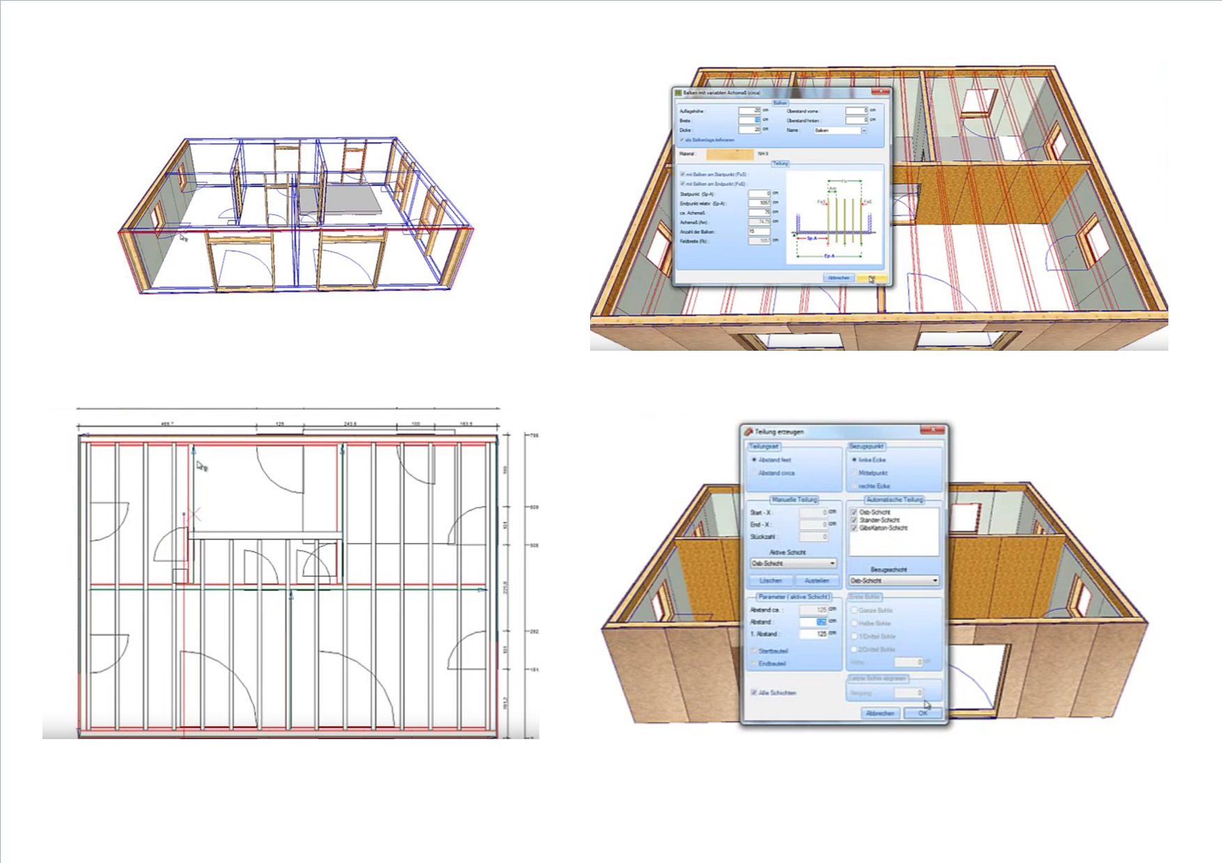 Modul A - Dach  Komplexe Dachstühle können in wenigen Arbeitsschritten mit Hilfe des integrierten Dachassistenten erstellt werden. Alternativ dazu kann das Projekt durch eine freie Grundrisseingabe eingegeben werden. Nachträgliche Änderungen der Dachprofileinstellungen sind jederzeit möglich.Zur Verfügung stehen Dachgauben-Assistenten mit einer Vielzahl von Gaubenformen. Die Dachflächenöffnungen beim Erzeugen von Dachfenstern und Kamin können automatisch mit Auswechslungen versehen werden.