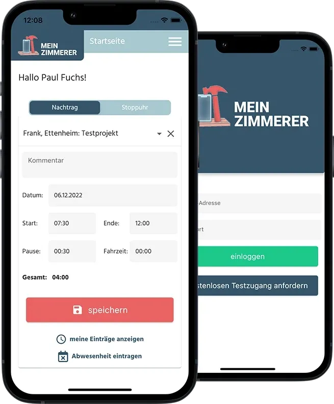 MeinZimmerer-App Unser neuer Partner für die digitale Zeiterfassung, Baustellendokumentation und vieles mehr ist MH-6 Web- & App-Entwicklung . Mit unserer Schnittstelle zu smartDach wird eine effiziente und leicht zu bedienende Verbindung zwischen Baustelle und Büro geschaffen. Anhand der Vorkalkulation können Baustellenabläufe schnell und intuitiv geplant werden. Die Benachrichtigung an den Mitarbeiter erfolgt vollautomatisch. Fotos, Rapporte und Baustellenberichte werden automatisch im Projektordner abgelegt. Gebuchte Zeiten fließen automatisch in die Zwischen- und Nachkalkulation. Wir empfehlen MeinDachdecker oder MeinZimmerer uneingeschränkt als optimale Ergänzung zu smartDach, der Kalkulationslösung für Dachdecker und Zimmerer.