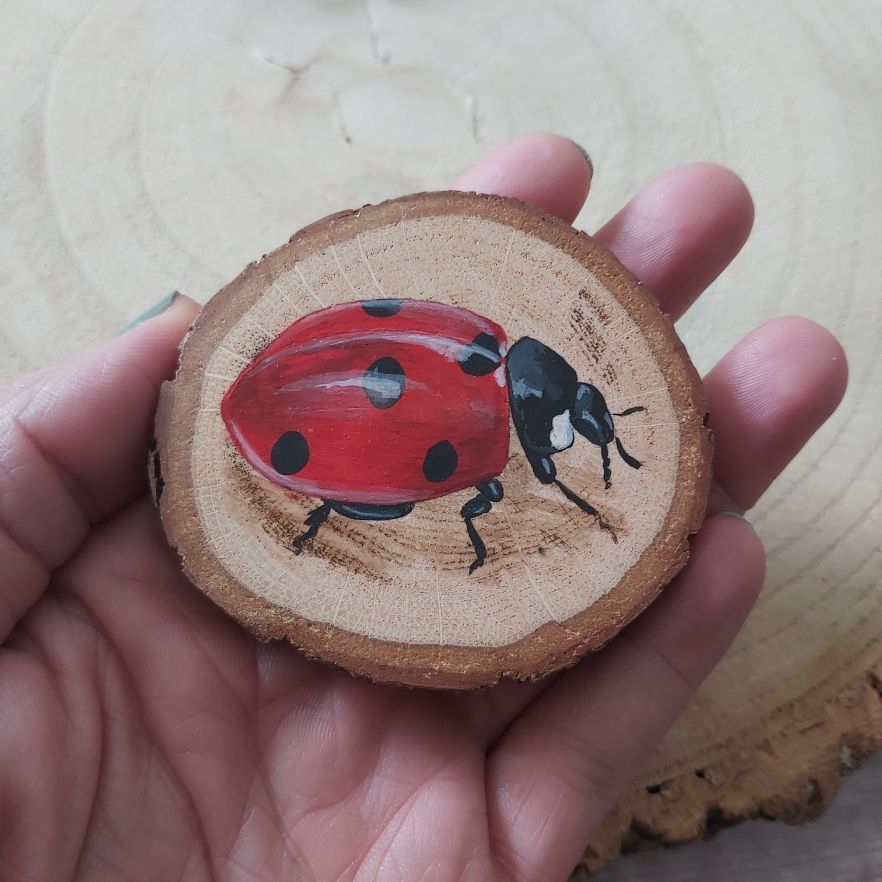 Hand holding a wood slice with a ladybird painted on it