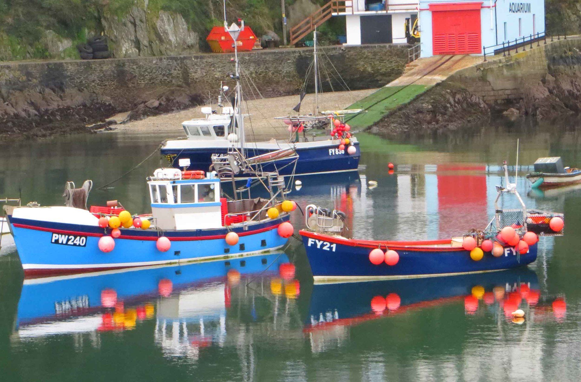 reflecting boats in Mevagissey harbour L A Kent Rogue Flamingo D I Treloar series