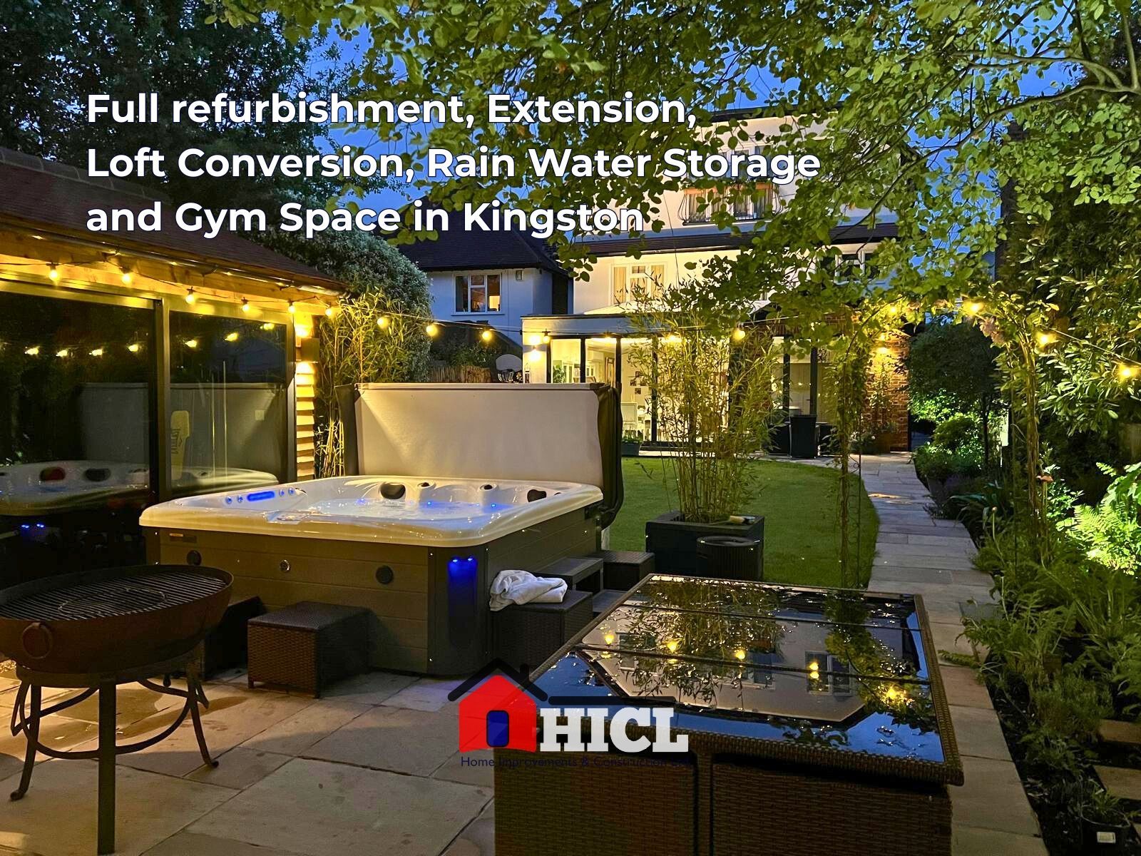 At the back of the garden, we constructed a gym studio and installed a luxurious hot tub.