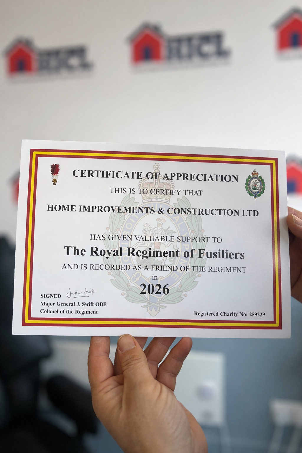 HICL Builders has been awarded a Certificate of Appreciation by The Royal Regiment of Fusiliers