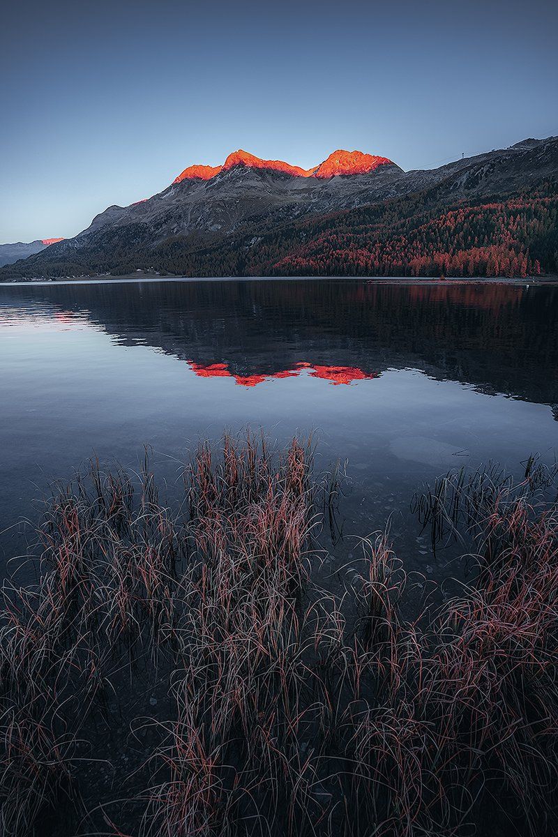 Alpenglühen an einem schweizer Bergsee mit Spiegelung der Bergkulisse im Wasser, Schweiz
