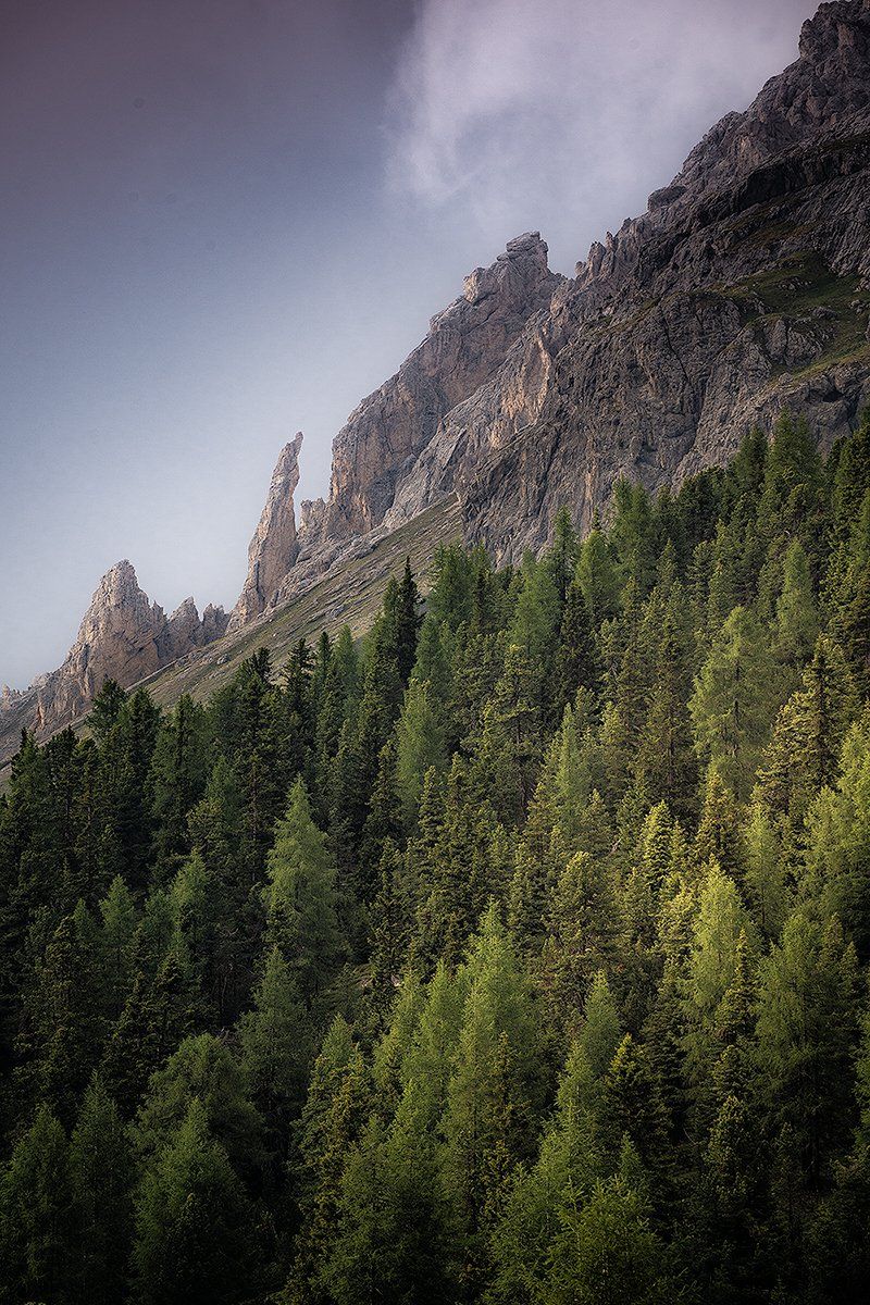 Markante Bergformation mit Wald, Dolomiten