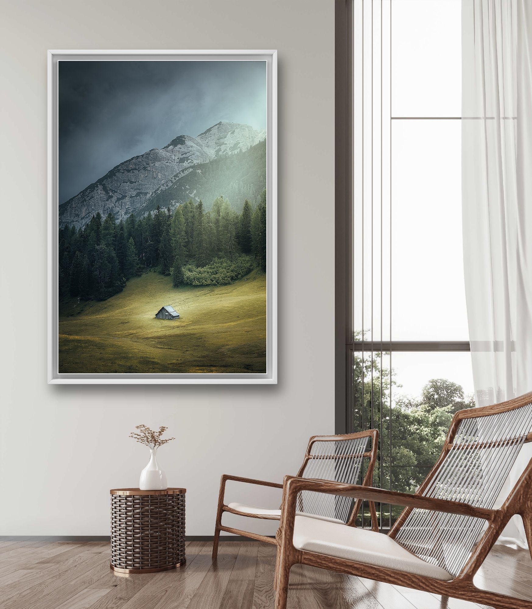 Landscape image of a hut on an alpine pasture as a mural in a waiting room.