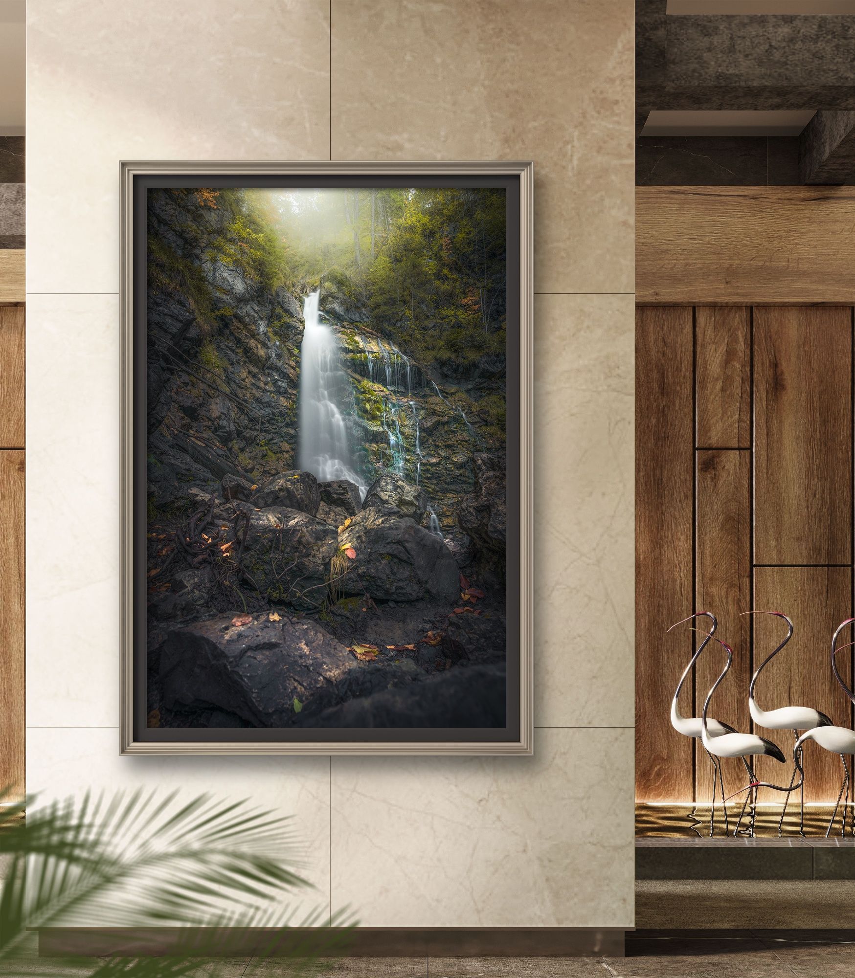 Landscape image as a mural with a waterfall Landscape image depicted as a mural with a waterfall depicted in a hotel lobby.
